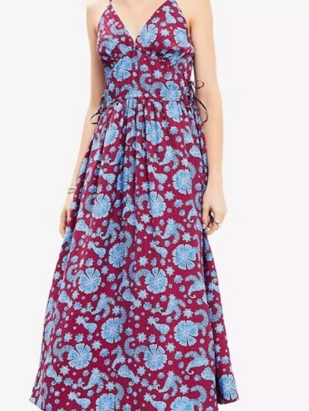 LOFT Burgundy Maxi Dress with Light Blue Floral Print